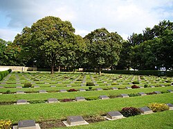 Green field with small stones in front, with blue sky above