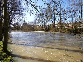 Le Loing vers l'amont, vu du terrain de camping. Le canal de Briare est juste derrière la levée sur la rive opposée.