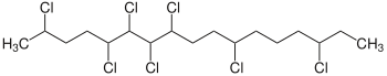 Struktur von 2,5,6,7,8,11,15-Heptachlorheptadecan als Beispiel eines mittelkettigen Chlorparaffins mit einem Chlorgehalt von 52 Massenprozent