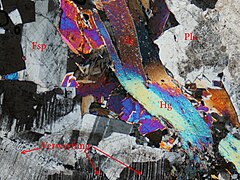 Mica in pegmatite, showing birds-eye structure