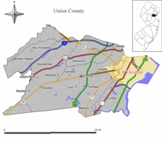 Location of Elizabeth in Union County highlighted in yellow (center). Inset map: Location of Union County in New Jersey highlighted in black (upper right).