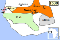 L'empire du Mali et l'empire Songhai et les États alentour en 1530.