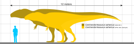 Mise à l'échelle de deux grands dinosaures jaune avec un homme.