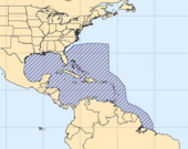 map showing some of the Western Atlantic Ocean and the eastern parts of North America, Central America and the north part of South America, with a shaded area over the water covering Bermuda, Florida, the Gulf of Mexico, all of the Caribbean Sea and south from there to the northern part of the Brazilian coast