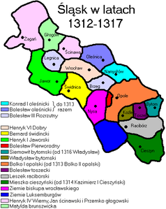 Силезия в 1312—1317 годах. Олесницкое княжество закрашено синим цветом