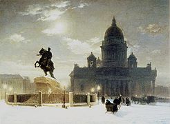 Vue de la statue équestre de Pierre le Grand sur la place du Sénat à Saint-Pétersbourg