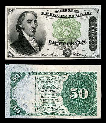 Obverse and reverse of a fifty-cent fourth-issue fractional-currency banknote