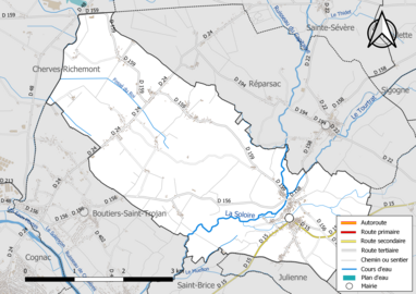 Carte en couleur présentant le réseau hydrographique de la commune