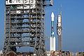 On 24 August 2003, the mobile service tower is rolled back at Launch Pad 17-B, Cape Canaveral Air Force Station, to reveal NASA's Space Infrared Telescope Facility (SIRTF) ready for launch aboard a Delta II Heavy launch vehicle.