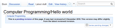 The "Latest draft" tab is selected. Full bar across screen stating "This is a pending revision of this page. It was last reviewed at 9 December 2010. This version may differ slightly from the latest reviewed revision."