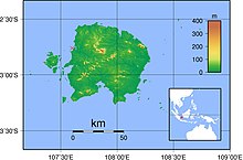 Map of Belitung Island showing the wreck site marked just off the north-west coast