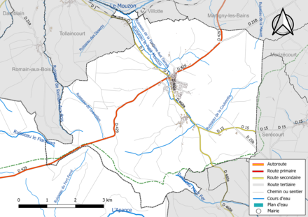 Carte en couleur présentant le réseau hydrographique de la commune