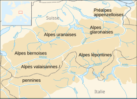 Carte de localisation des Alpes lépontines dans les Alpes centrales.