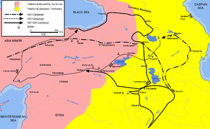 This map shows the approximate campaign paths of Heraclius in 624, 625, and 627-628