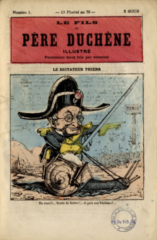 Une du journal Le Fils du père Duchêne illustré du 3 mai : Le dictateur Thiers. Thiers chevauchant un escargot en route pour Paris. En avant!... foutre de foutre!...et gare aux Parisiens!...