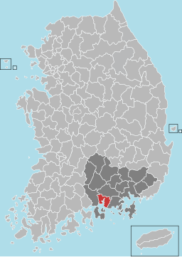 Sacheons läge i Södra Gyeongsang och Sydkorea.