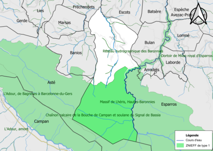 Carte des ZNIEFF de type 1 sur la commune.