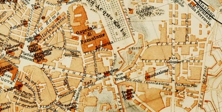 La zona del centro corrispondente a via Giulia, via della Consolazione e via Porta Pia, mappa pubblicata nel 1886[2]