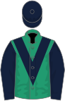 Emerald green, dark blue chevron, sleeves and cap