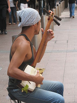 Een straatmuzikant met een shamisen