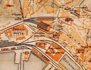 La stessa zona, in una mappa pubblicata nel 1906, l'area dell'arsenale è ora occupata dai binari diretti verso Brignole attivati nel 1904.[6]