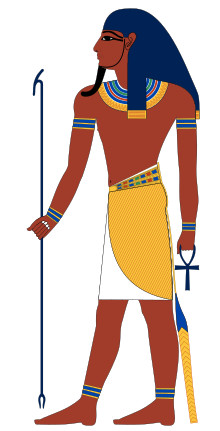 Atum is shown as a man with a was-scepter to show his power, and an Ankh to symbolize his ability to grant life. He is later often shown with the Double Crown.