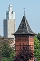 Water tower of Magdeburg lift bridge, Albinmüller tower in background (Magdeburg)