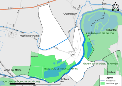 Carte des ZNIEFF de type 1 de la commune.