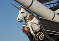 His Majesty’s Frigate Unicorn (1824) in Dundee, Scotland. Close-up view of the unicorn sculpture at the head of the ship.