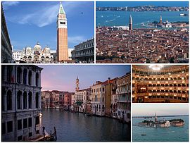 Satu kolaj Venice: dari atas-kiri Piazza San Marco, diikuti oleh pemandangan kota, kemudian Grand Canal dan bahagian dalam La Fenice, selain pulau San Giorgio Maggiore.