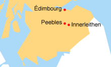 Carte du sud de l'Écosse avec 3 villes : Édimbourg, Peebles (au sud d'Édimbourg) et Innerleithen (tout près de Peebles, à l'est).