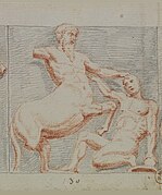 Gravure ancienne ; combat entre un homme et un centaure.