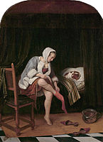 Woman at her Toilet label QS:Len,"Woman at her Toilet" label QS:Lpl,"Kobieta przy toalecie" label QS:Lnl,"Het toilet" circa 1659-1660. oil on panel medium QS:P186,Q296955;P186,Q106857709,P518,Q861259 . 37 × 27,5 cm. Amsterdam, Rijksmuseum Amsterdam.