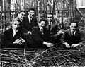 Ehrenfest's students, Leiden 1924. Left to right: Dieke, Goudsmit, Tinbergen, Ehrenfest, Kronig, and Fermi.