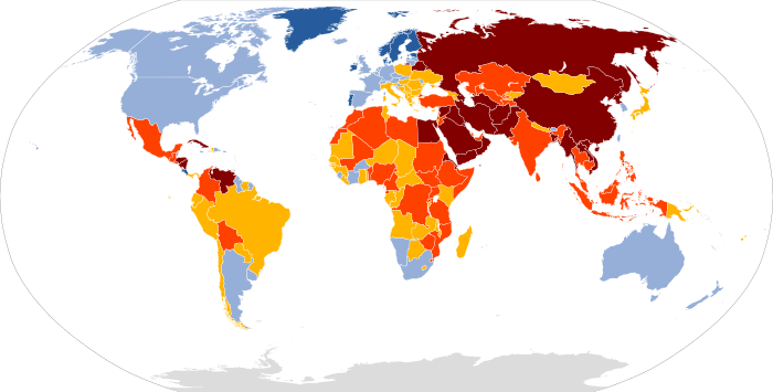 Libertà di stampa nel mondo secondo il 2022 World Press Freedom Index di Reporter senza frontiere[15]      Situazione molto grave      Situazione difficile      Problemi notevoli      Situazione soddisfacente      Situazione buona      Non classificato