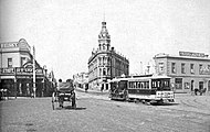 St Kilda Junction in the 1880s. From left to right, the streets visible are Wellington Street, High Street (now St Kilda Road), Barkly Street and Fitzroy Street. The tram tracks turning right into Fitzroy Street are visible in front of the Junction Hotel