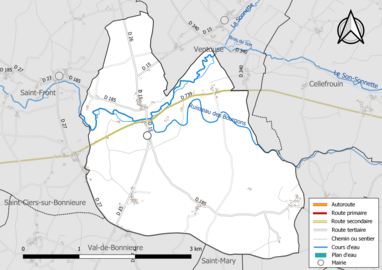 Carte en couleur présentant le réseau hydrographique de la commune