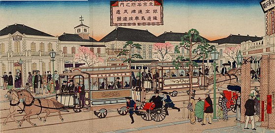 Ginza Meiji-kaudella, puupiirros vuodelta 1882