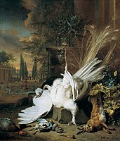 Jan Weenix, Tihožitje z mrtvim pavom (1692), postavljeno na vrtovih velike podeželske hiše.