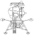 Figure 1-16. L3 lunar lander. The flat, downward-facing face (left) of the ovoid pressure cabin holds the round viewport (not visible). The Kontakt system passive unit is at cabin top, and two landing radar booms extend at left and right. Nozzles of two solid-fueled hold-down rockets are visible at the tops of the legs, near the bases of the radar booms.