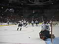 Players taking shots at Ilya Bryzgalov during a pre-game warm-up