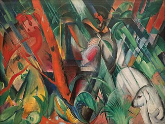 Sous la pluie, huile sur toile de Franz Marc (1912, Lenbachhaus, à Munich). (définition réelle 4 523 × 3 414)