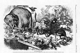 An 1874 cartoon by Thomas Nast, featuring the first notable appearance of the Republican elephant[11]