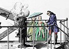 Detailausschnitt. Verbrennung durch Fokussierung des Sonnenlichts durch optische Linsen auf ein brennbares Material. Ein Experiment das Lavoisier in den 1770er Jahren durchgeführt hatte.