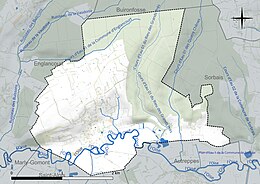 Carte en couleur présentant le réseau hydrographique de la commune