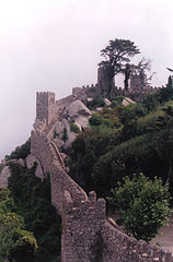 View to the tower of the Moorsih Castle in Sintra