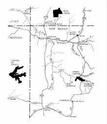 A color map of the Four Corners area of the United States showing major Ancestral Puebloan settlements