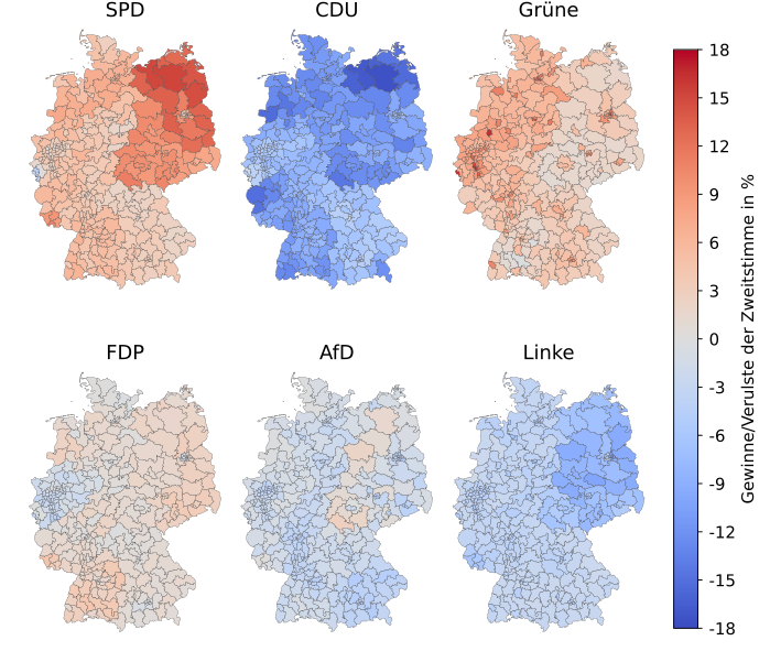 Gewinne und Verluste der Zweitstimmen zur letzten Bundestagswahl 2017, auf Ebene der Wahlkreise.