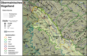 Das Obermainische Hügelland; seine südöstliche Fortsetzung Oberpfälzisches Hügelland ist ebenfalls aufgehellt.