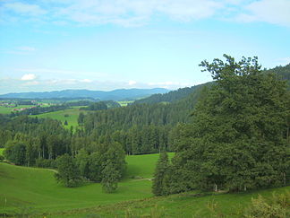 Blick vom Nordosthang des Laubenbergs über das Eistobeltal und Gemeindegebiet von Maierhöfen nordostwärts zur Adelegg